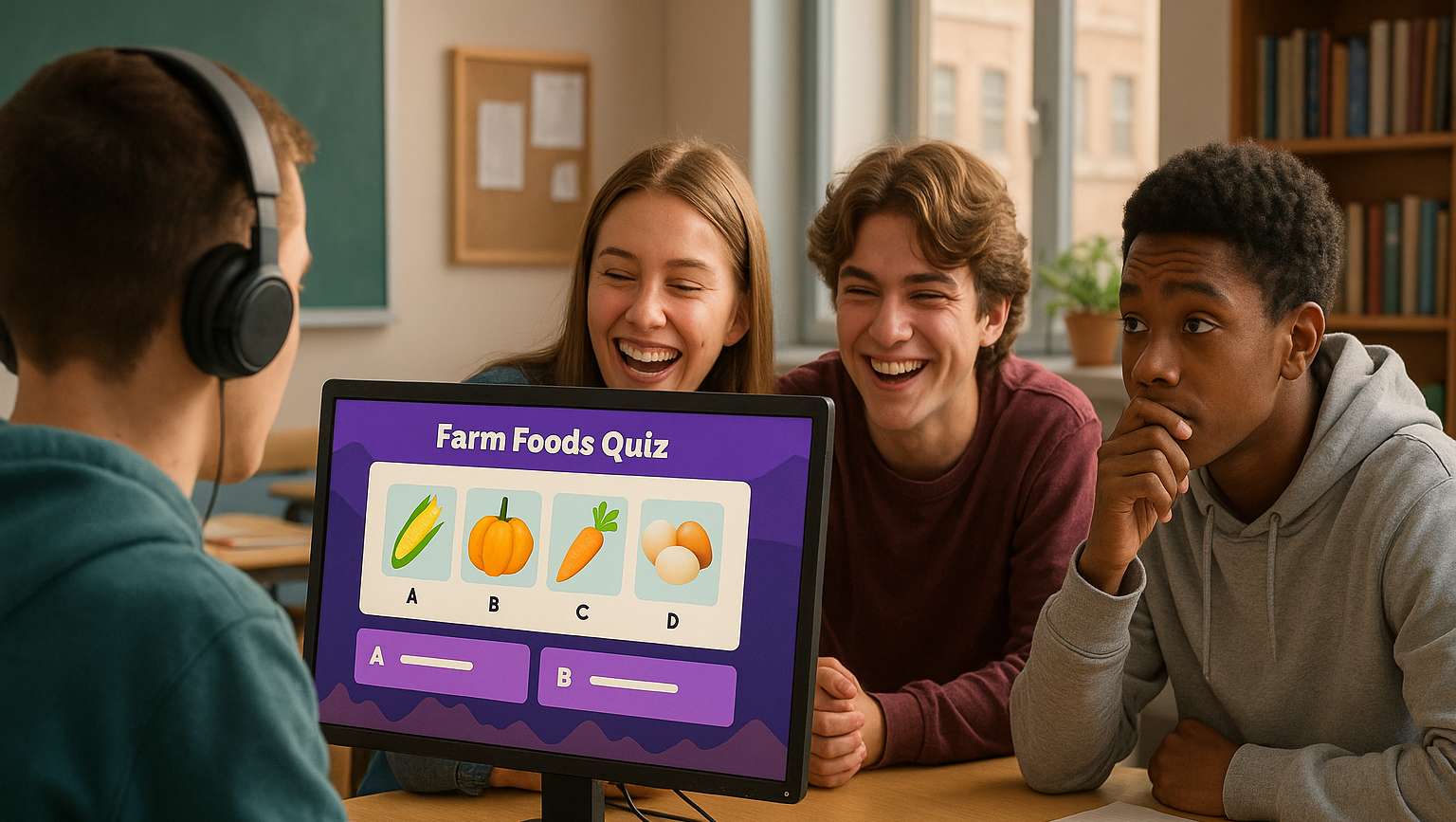 3 adolescentes jogando quiziz sobre o campo no computador, na escola